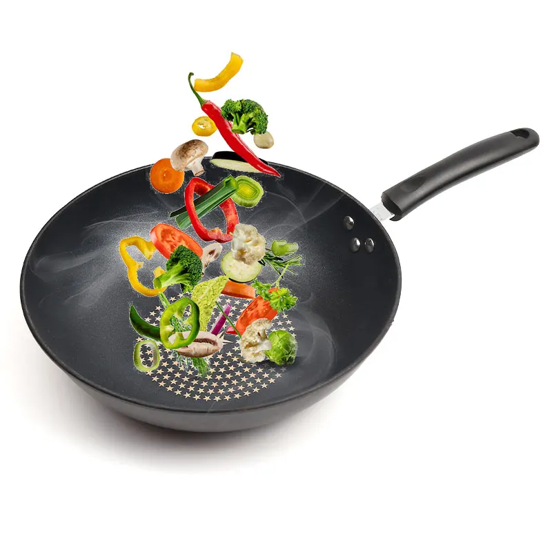 ALISSA Традиционная ручная молотковая ВОК из углеродистой стали с деревянной и стальной рукояткой, с круглым дном