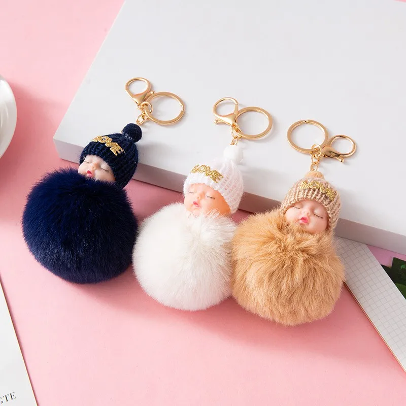 Wholesale 3D Doll Keychain Plush Mini Sleeping Baby Keychain Women Bags Hanging Key Ring
