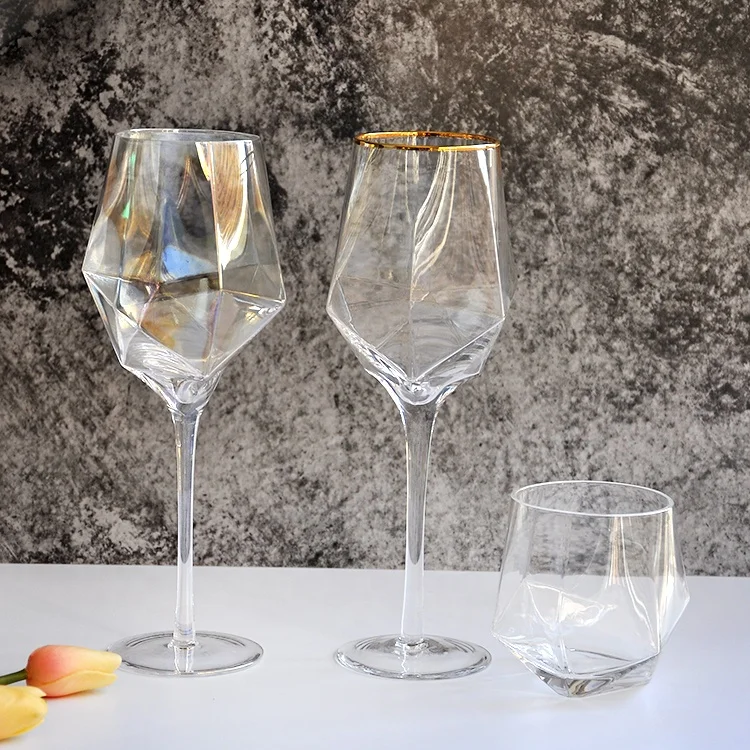 Elegant  diamond shape crystal  clear glasses with gold rim wine glass for wedding