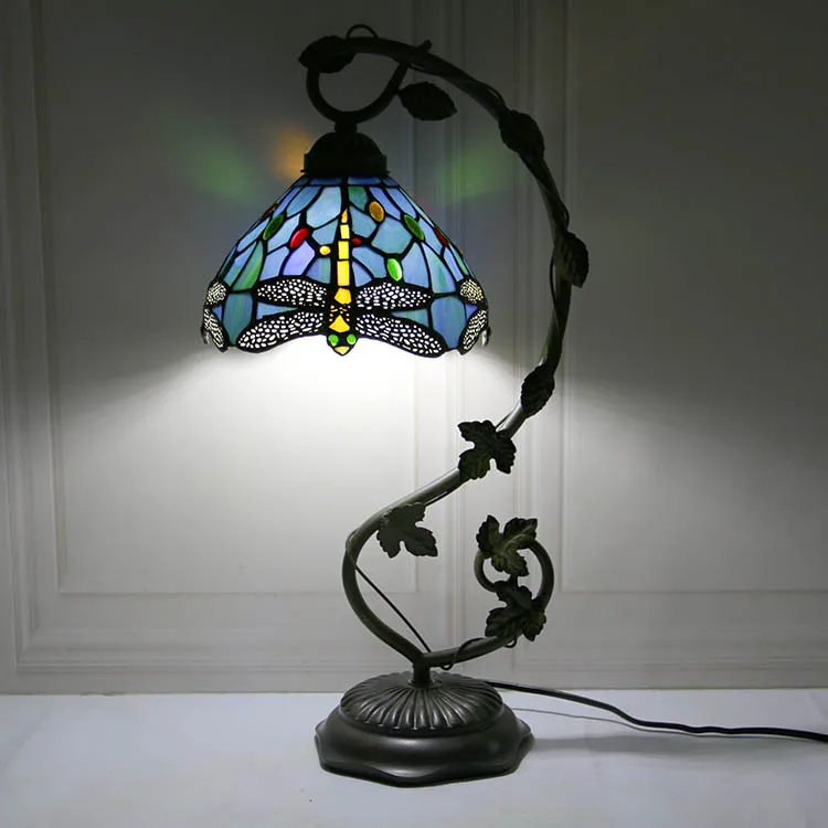 LongHuiJing Tiffany Stained Glass table lamp Bar Restaurant Crystal desk Lamps Mediterranean Blue Dragonfly Light