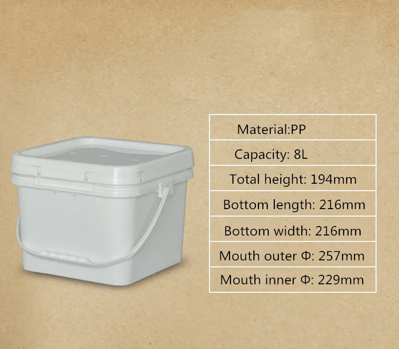 High Quality Fashion Big Square Plastic 8 Liter Bucket with Lids Food Grade For Packaging