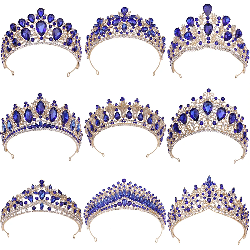LUOXIN Wholesale New Princess Bridal Wedding Prom Birthday Hair Accessories Pageant Blue Rhinestone Tiara Crown