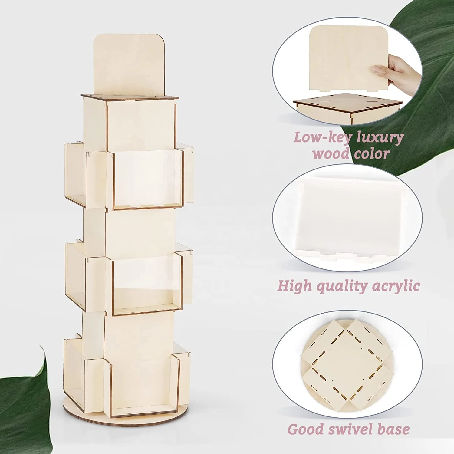 Wooden rotating greeting card display stand for greeting card supplier coffee bag 3-layer desktop display stand