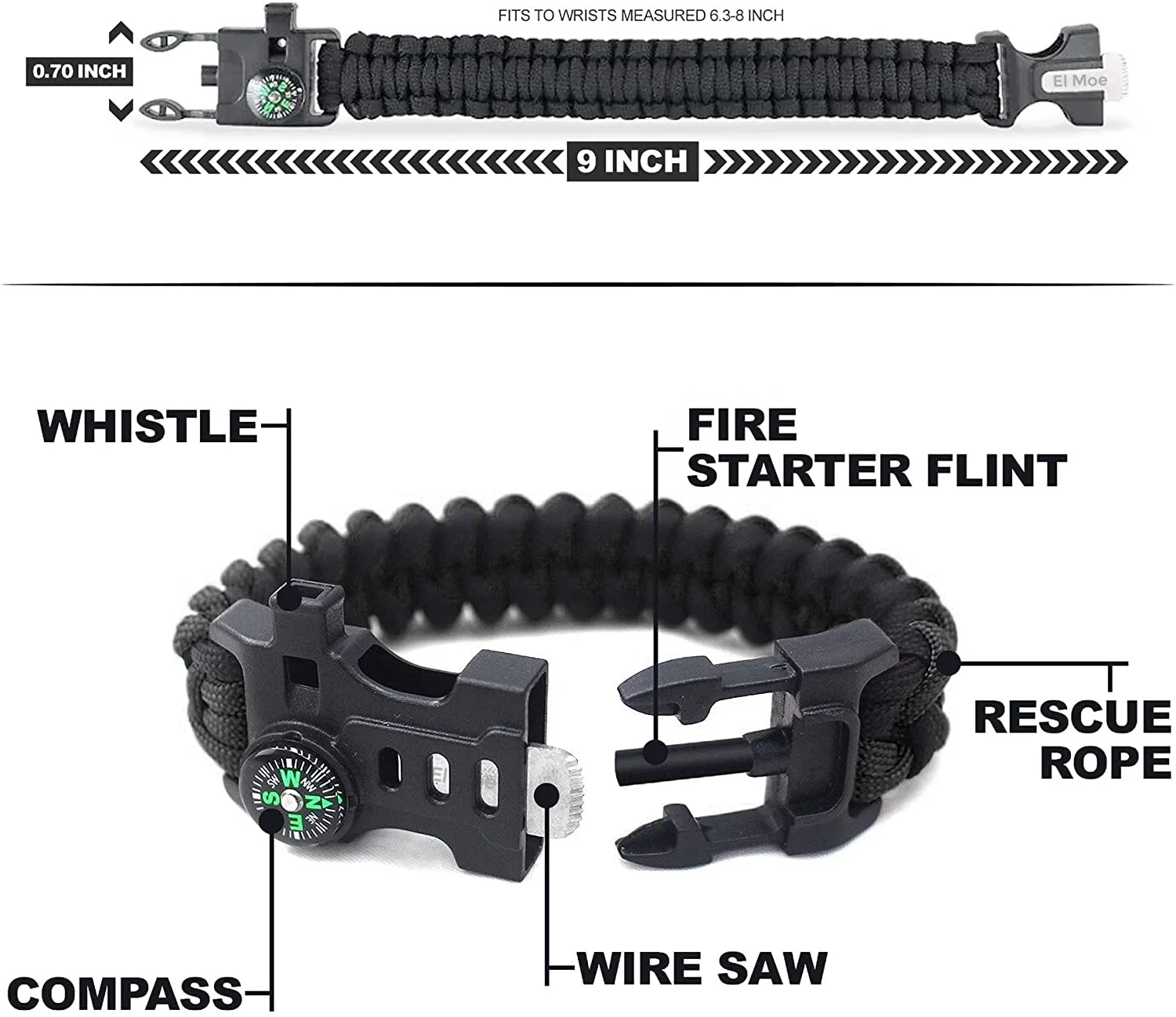 wholesale New outdoor custom nylon adjustable 5 In 1 tactical whistle fire starter 550 paracord survival bracelet flint clasp