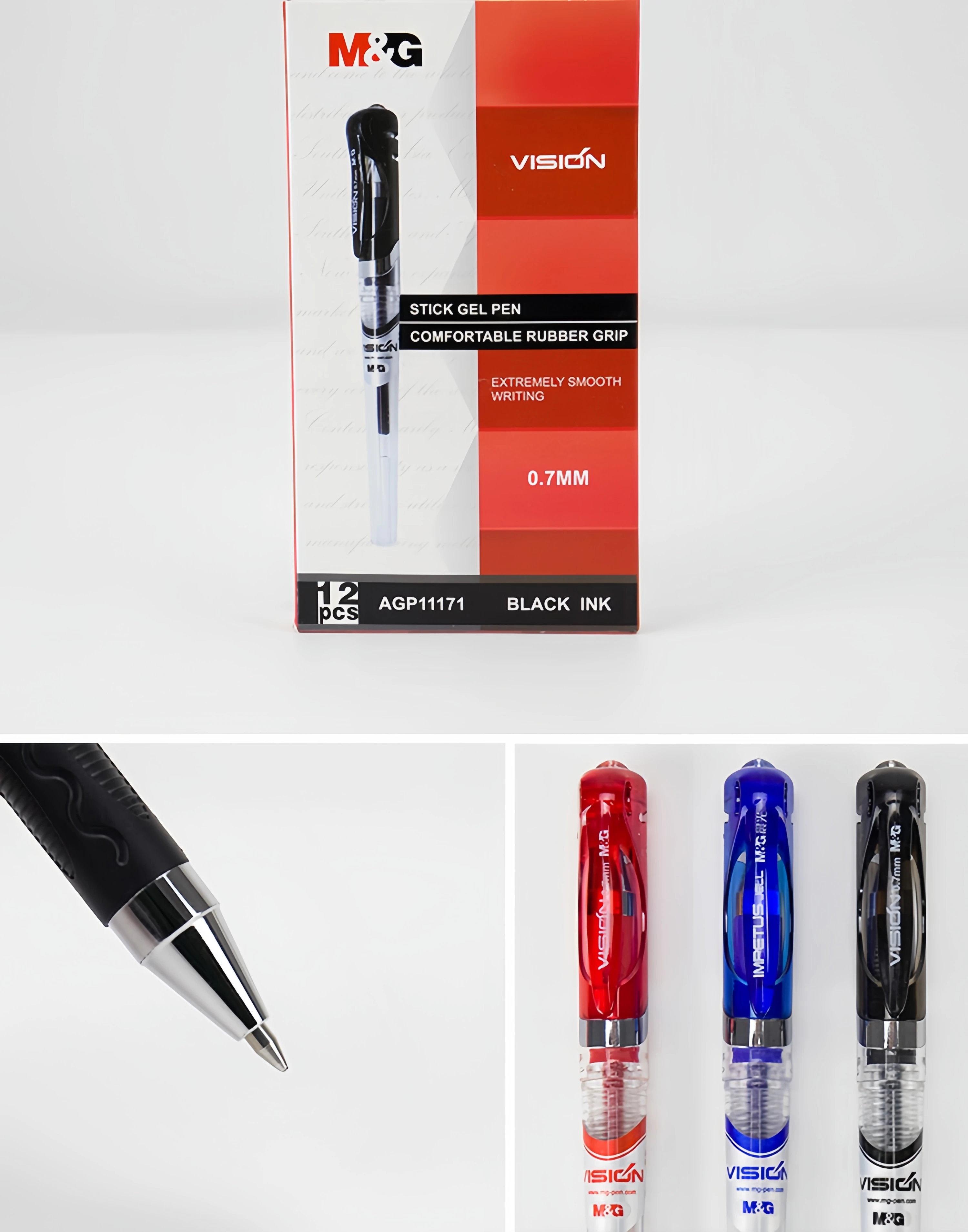 M & G Classical Stick Gel Pen 0.7 mm Textured Non-Slip Grip Available in Black Blue and Red Ink Colors Made of Plastic