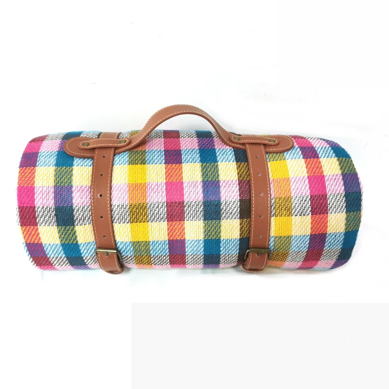 Thickened Acrylic Picnic Blanket Belt Handheld Outdoor Camping Blanket Multiple Classic Striped Plaid Velvet Camping Tent Mat