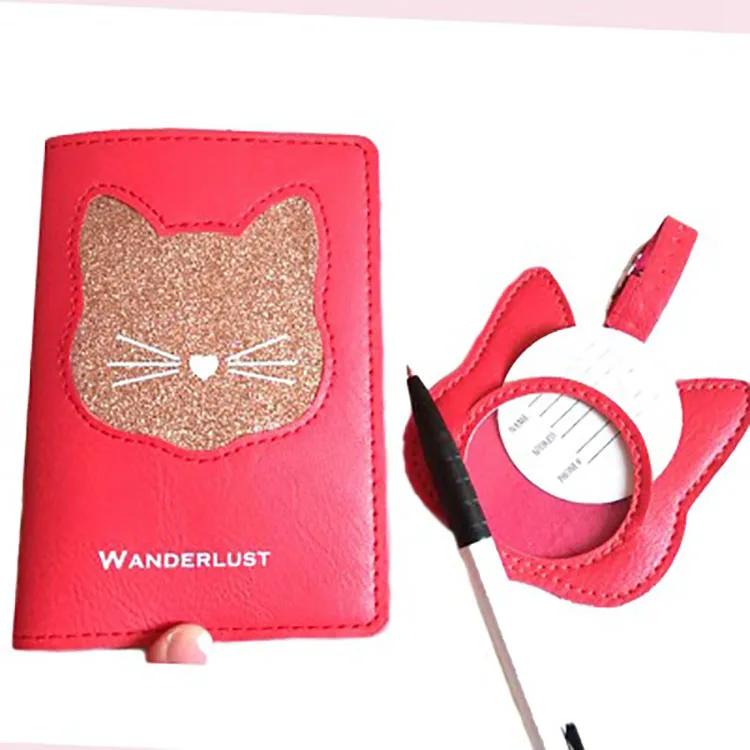 
Cartoon Cat Passport Holders Leather Passport Cover and Luggage Tags Set 