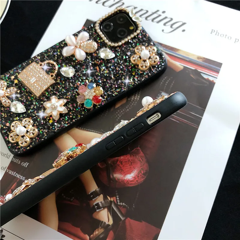 Luxury Women Bag Bling Glitter Sunflower Pearl Diamond Phone Cases For iphone 14 13 Pro Xs Max 12 11 XR 7 8 Plus Soft TPU Cover