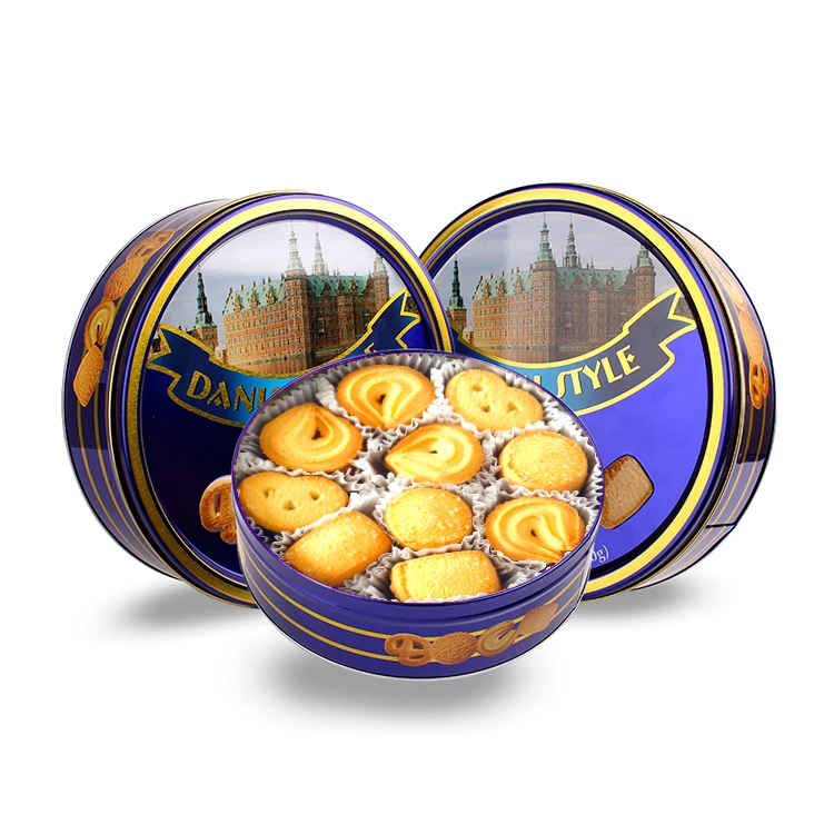 Vegetarian halal digestive bourbon biscuits and cookies custom New design blue round tin wholesale butter cookies