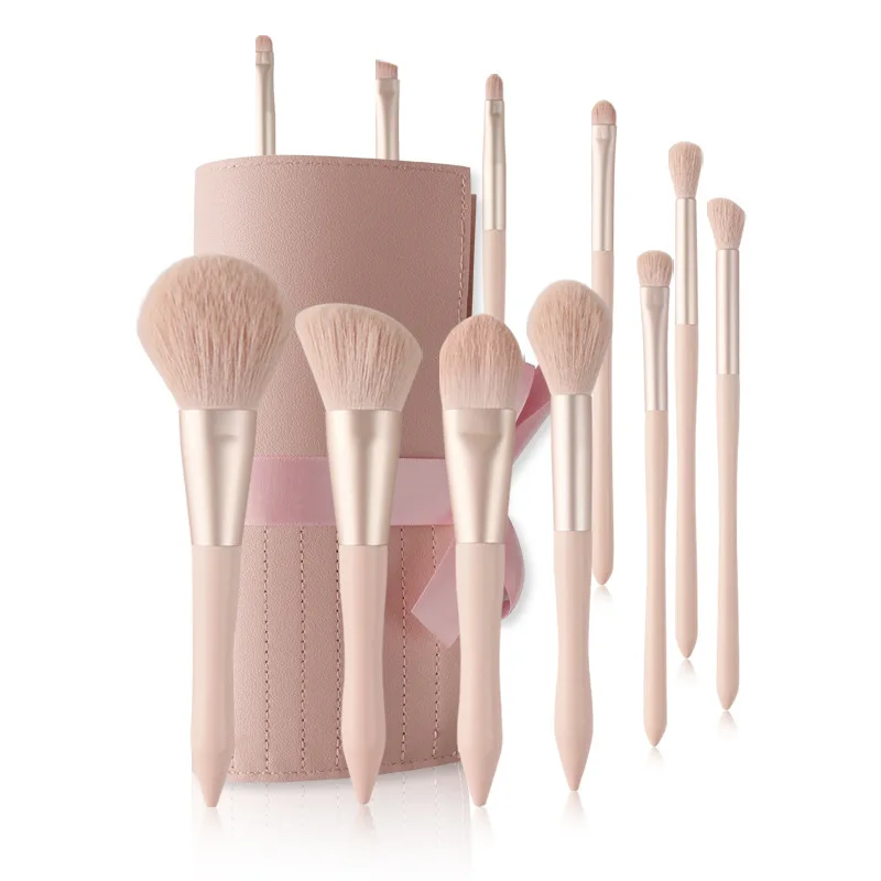 LOW MOQ hot sell wooden private label vegan synthetic makeup brushes 11pcs wholesale custom pink face brush set