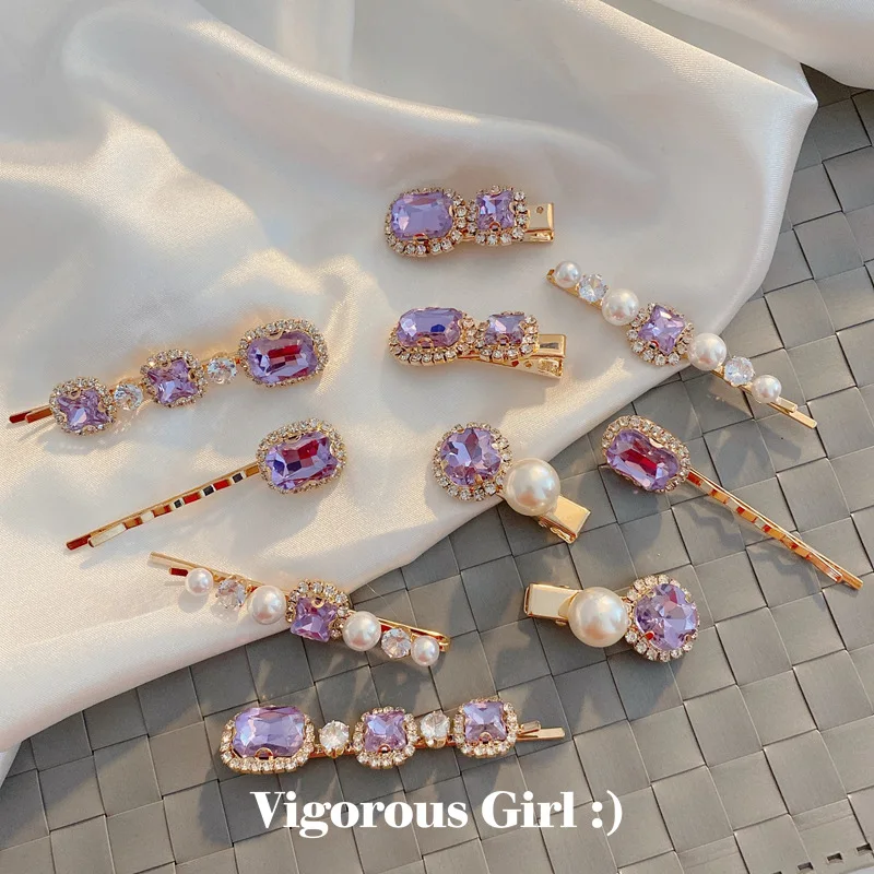 Luxury Designer Korean Purple Kids Baby Diamond crystal Rhinestone Pearl Hairpin Hair Clips Bobby Pin Jewelry Women