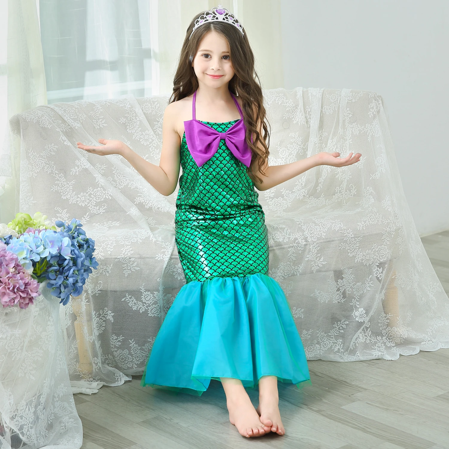 Little Adventures Magical Mermaid Princess Dress Up Baby Costume Kids Spaghetti Cosplay Swim Clothes D75