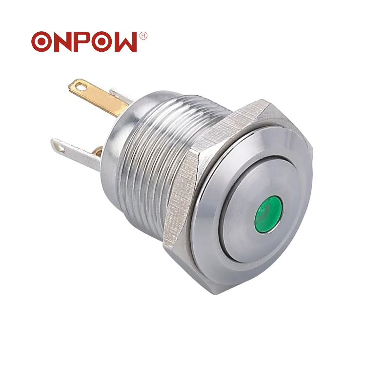 ONPOW 16mm Domed Dot Green Illuminated LED Metal Push Button Switch (GQ16B-10D/JL/G/2.8V/S) CE, RoHS
