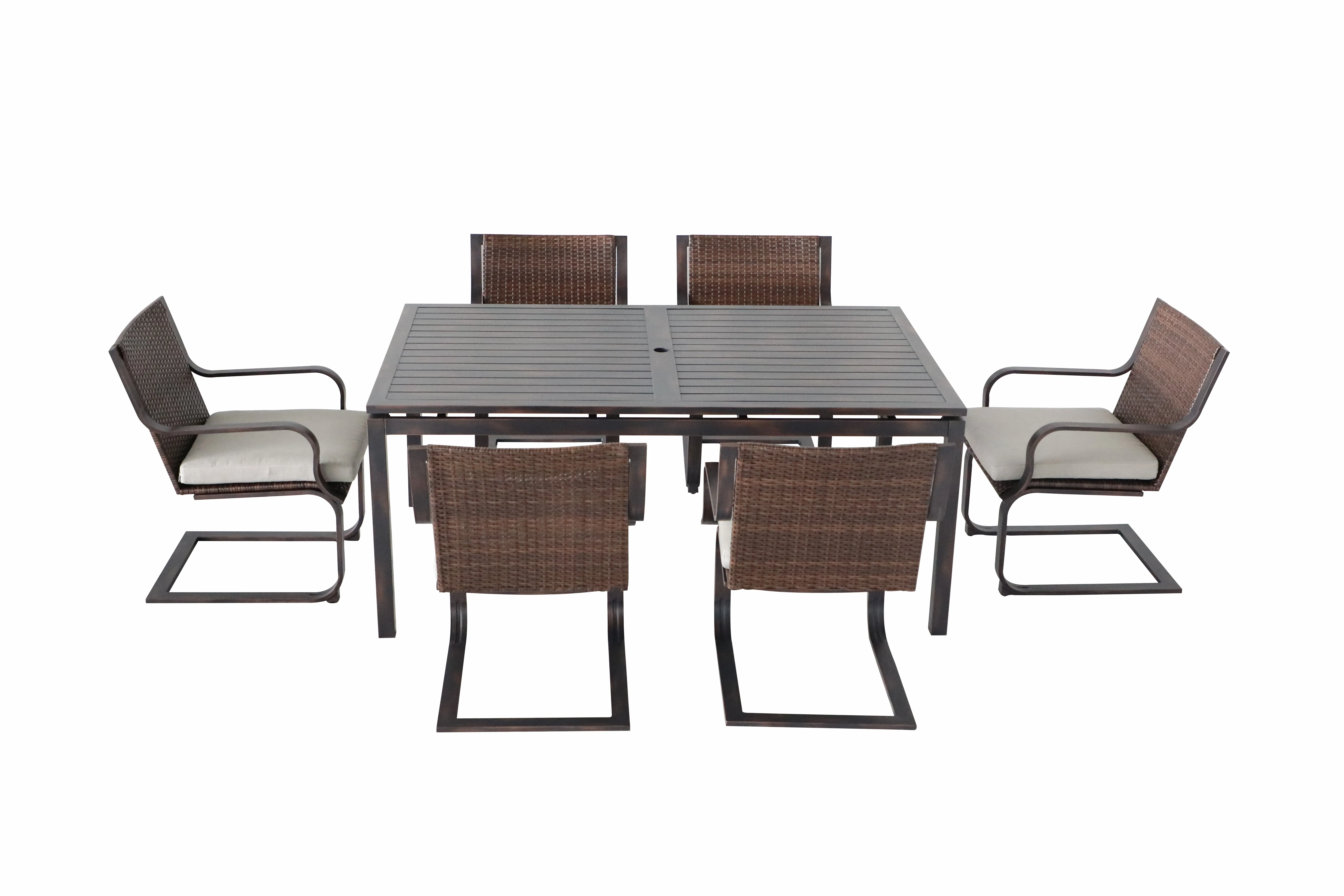 China factory modern design family dinner party garden outdoor dining table and chairs with 6 pcs luxury rattan spring chairs