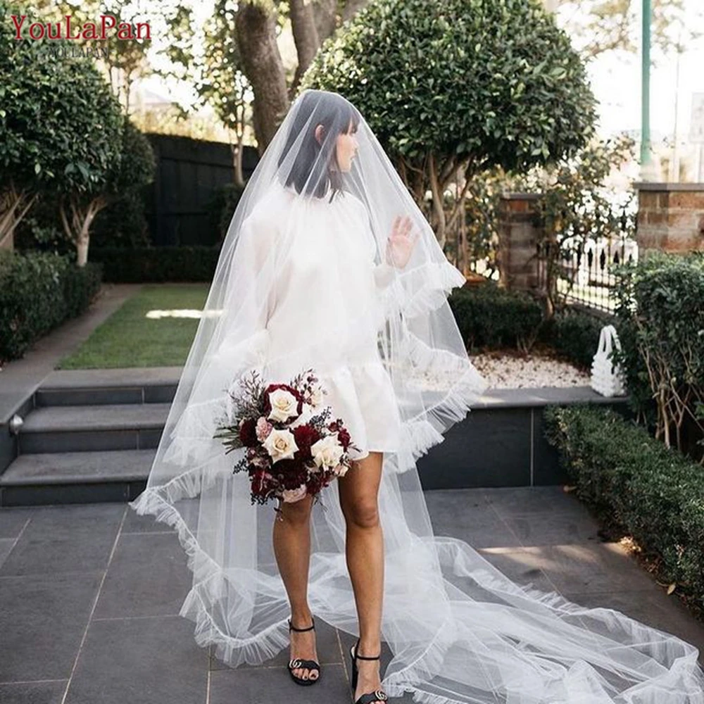 YouLaPan V117 популярная плиссированная вуаль с оборками цвета слоновой кости двухслойная румяная накрытием свадебная длинная Соборная