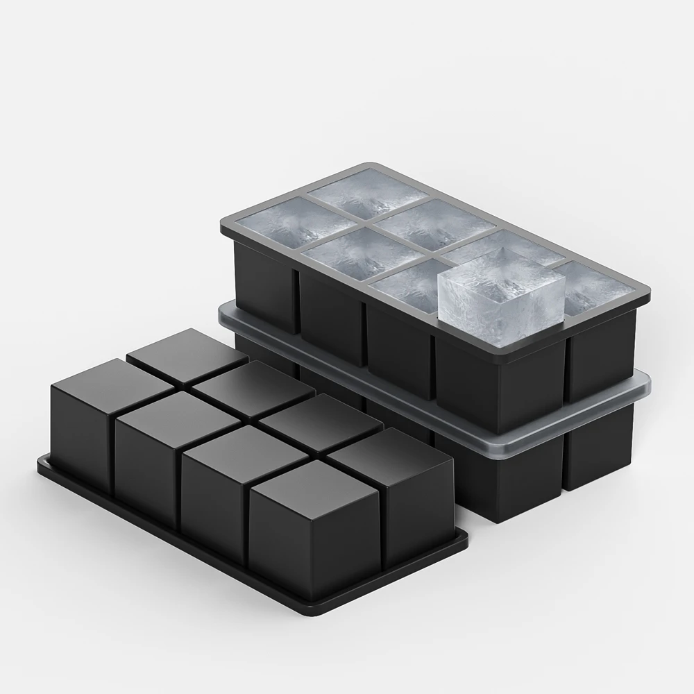 Food Grade Flexible 8 Cavity 2 inch Ice Cube Maker Mold Slow Melting Large Whiskey Silicone Ice Cube Tray with lids
