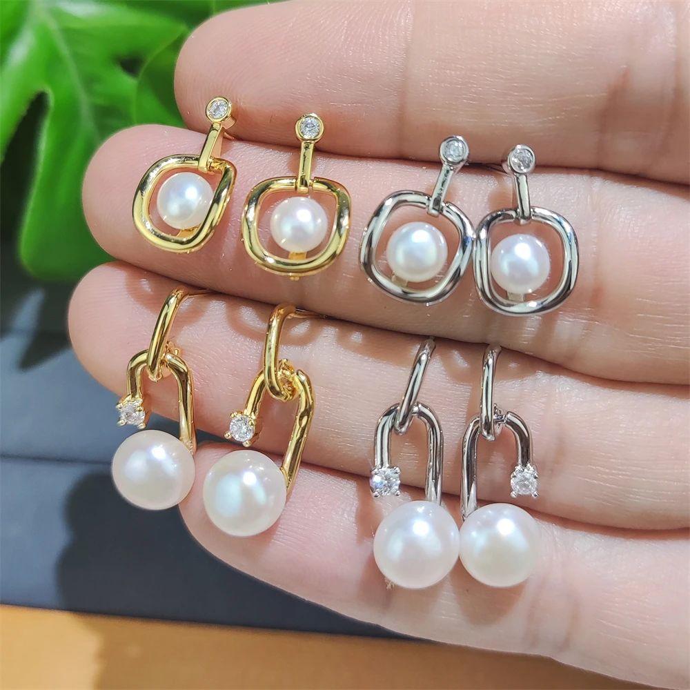 Simple Design Freshwater Pearl Earrings Fashion Women Jewelry Small Natural Pearl Paperclip Square Earrings for Girls Mother Her