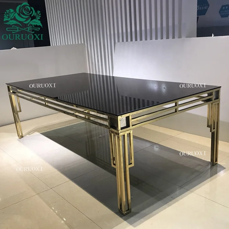 Romantic metal frame glass top rectangle stainless steel furniture for wedding table