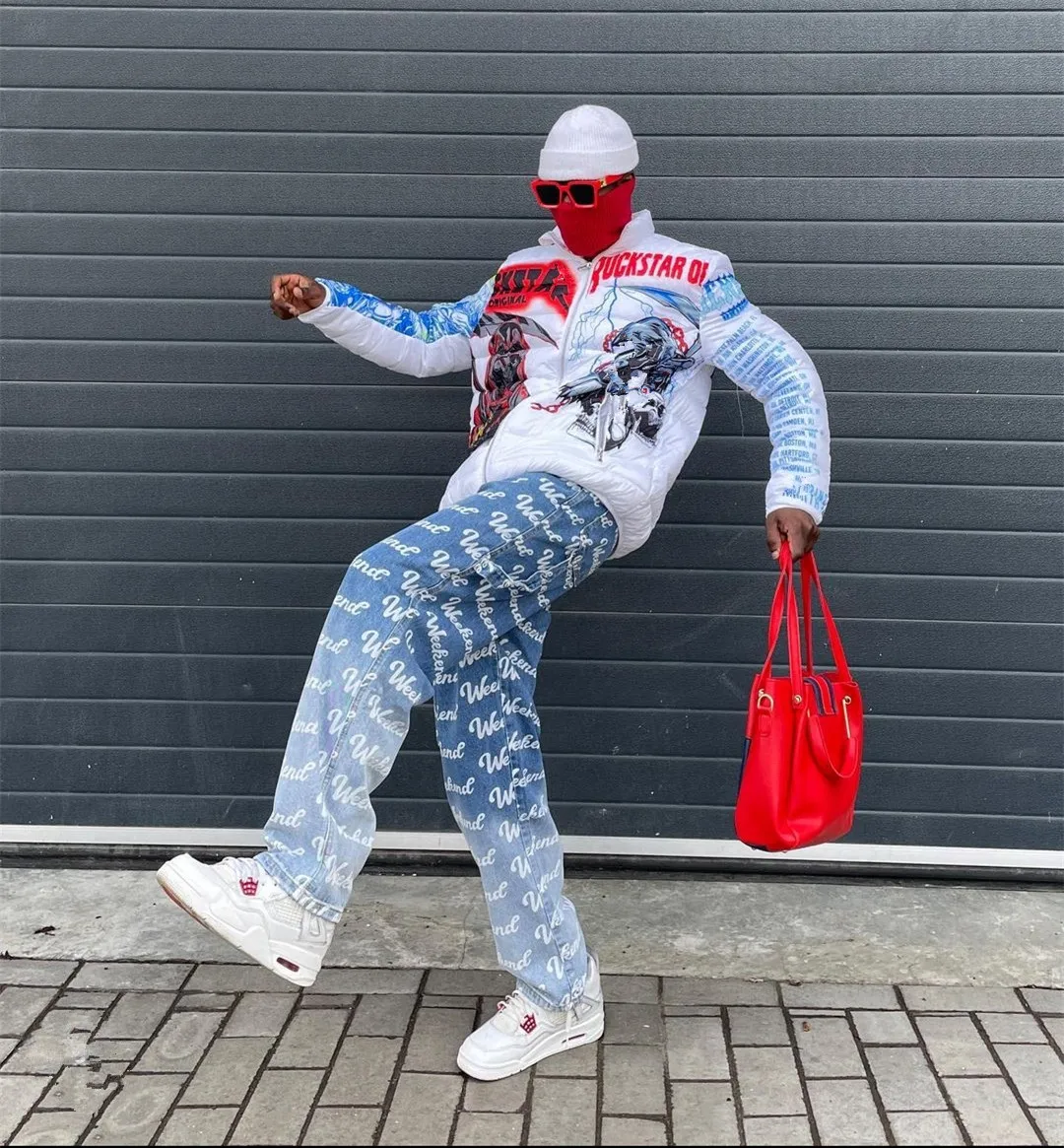 KY NEW Washed  Light Blue Hot Sale Checkerboard Checks Loose Crazy Custom Laser Print Baggy Jeans For Men 7