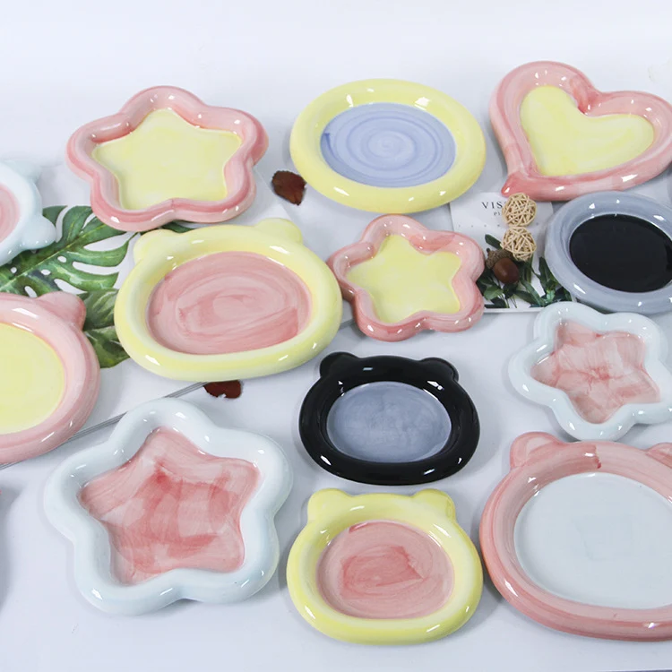 K&B Cute Under-glaze Ceramic Dishes Plates Color Hand-painted Irregular Dessert Snack Bread Breakfast Plate
