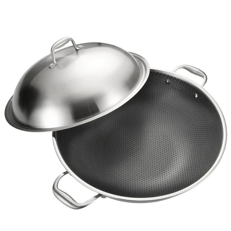 304 Stainless Steel Wok With Glass Lid Woks Frying Pan Honeycomb Nonstick Wok