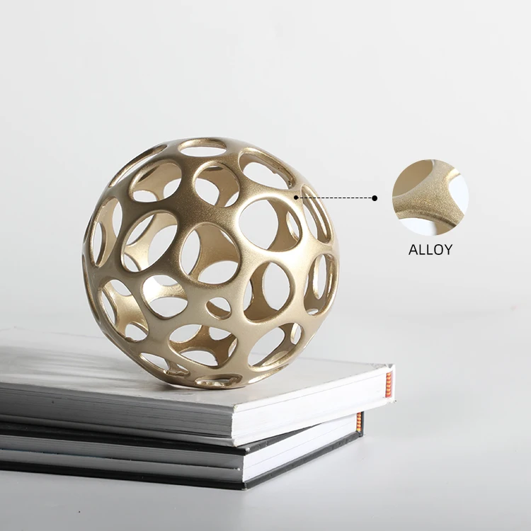 Home desktop decorative ornament accessories coffee table golden iron metal craft hollow ball sphere sculpture