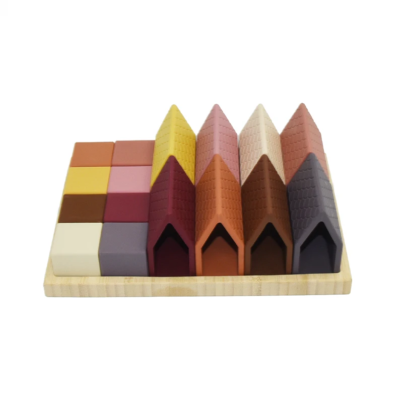 Rainbow colors Silicone Baby Montessori Soft Building Blocks house Stacking with Sorting Tray for Toddlers