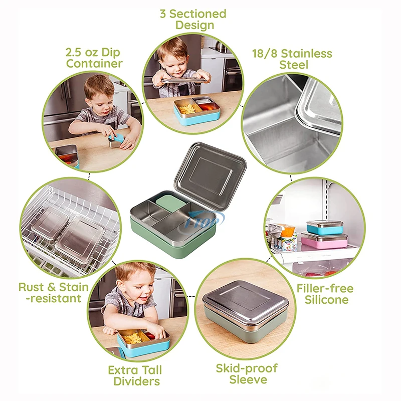 Custom Small Leakproof 304 Stainless Steel Food Containers for School Kids Rectangle Metal Lunch Boxes Bento with Silicone Lid