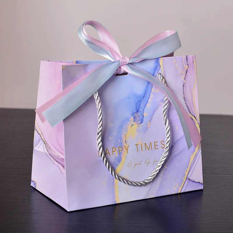 Custom Logo Luxury Purple Pink Matte Printing High Quality Fashion Women Shopping Gift Handbag Tote Bag With Ribbon Bow