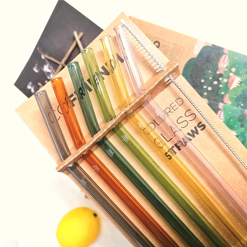 cocktail Straw Reusable Drinking Glass with straw Brush High Borosilicate Glass Straw 6+1 wine set