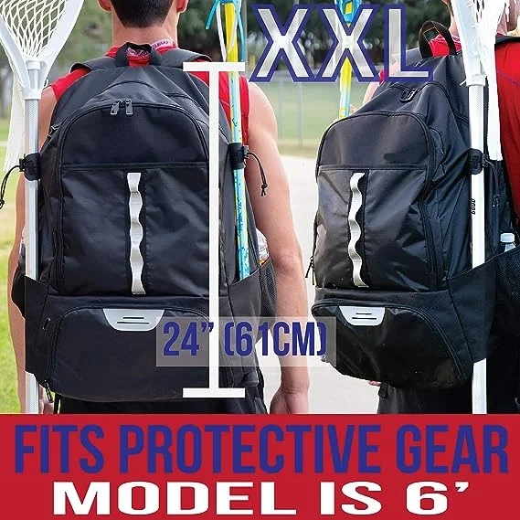 New Large Lacrosse Backpack - Holds All Lacrosse or Field Hockey Equipment - Two Stick Holders and Separate Cleats Compartment