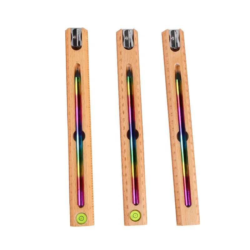 Multifunctional Wooden Ruler Pencil Student Pencil Sharpener Four-In-One Wooden Ruler Creative Stationery Set
