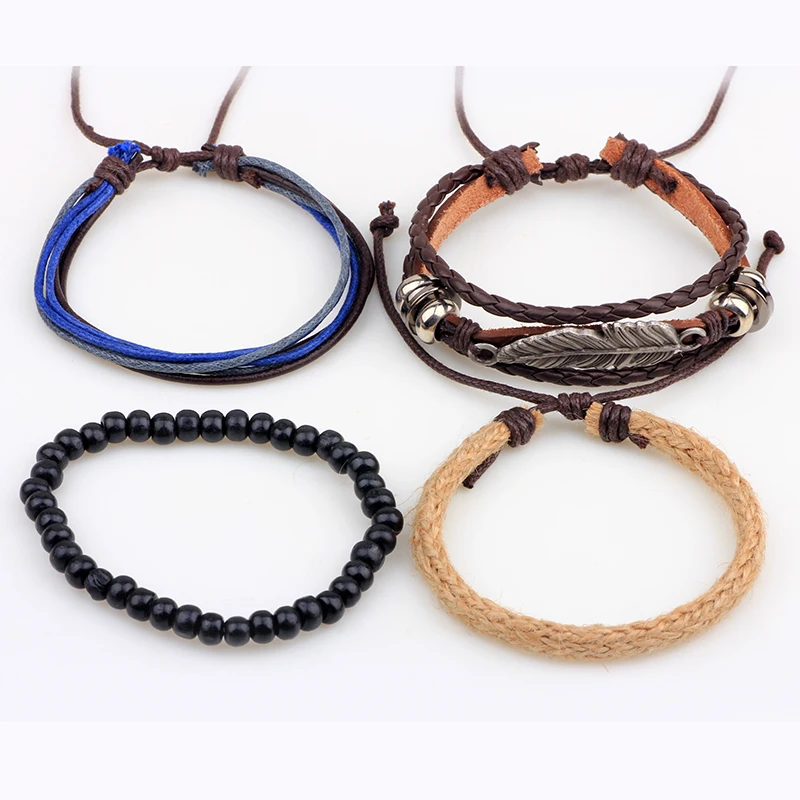 Fashion Retro Set Bracelet Cowhide Braided Hemp Rope Wooden Beads Multiple Combination Hand Ornaments Yiwu Jewelry
