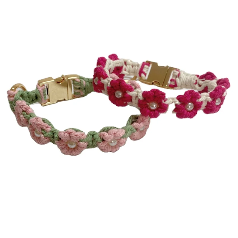 With metal round label macrame flower cat collar cotton rope pearl beaded wedding collar with heavy duty metal clasp