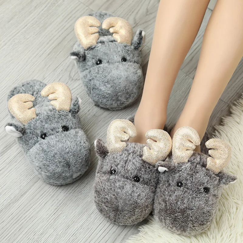 softy warm cute Indoor Moose Slippers Plush Animal Slippers for Woman indoor warm shoes