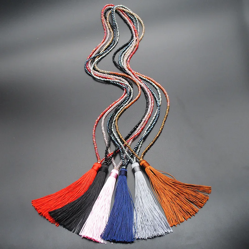colorful velvet thread pendant crystal beaded necklace sweater chain pendant rhinestones choker women tassel long necklace