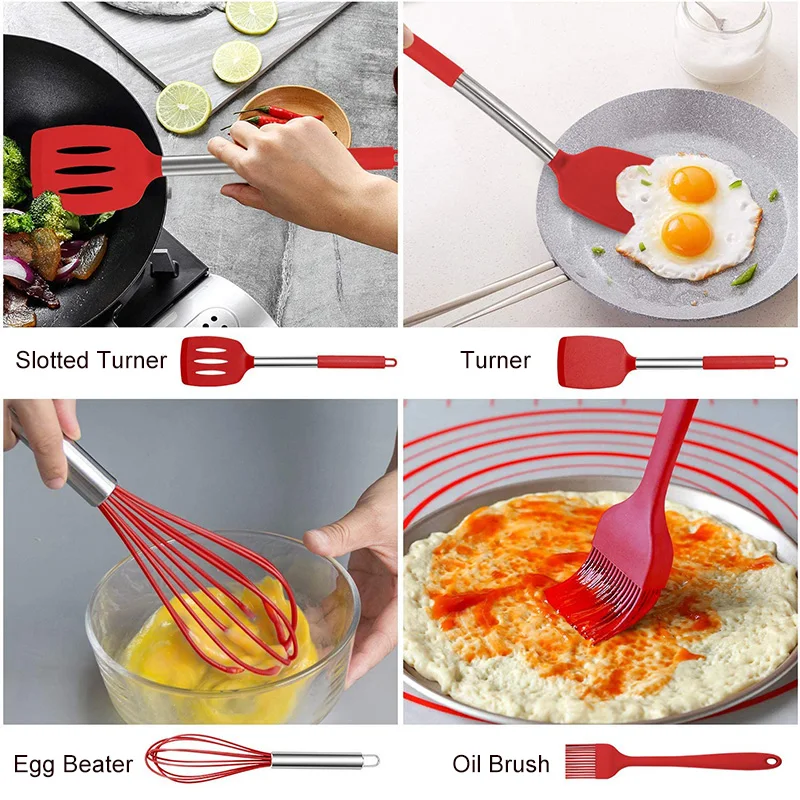 Home Kitchen Cooking Utensil Stainless Steel Handle And Silicone Cooking Tool Red 14 In 1 Silicone Kitchen Accessories Set