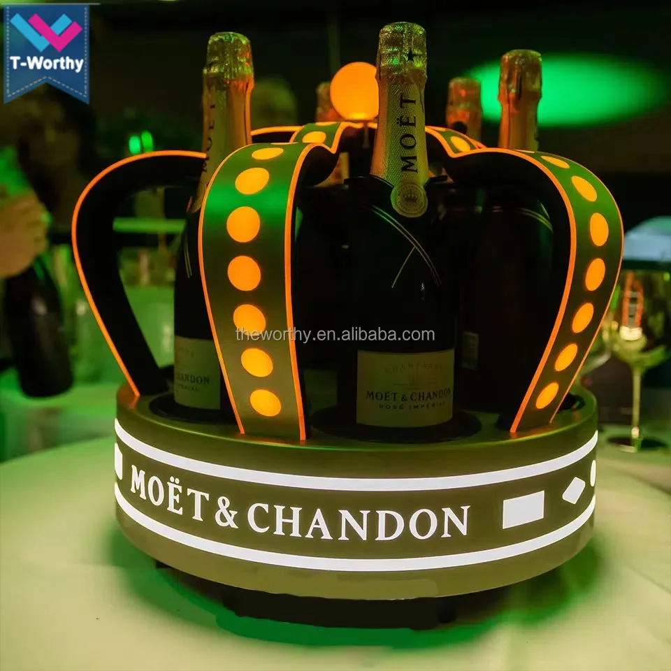 T-Worthy Customized Logo Metal King Crown LED Bottle Carrier Display Rack for Liquor Beer Champagne for Lounge Presentation