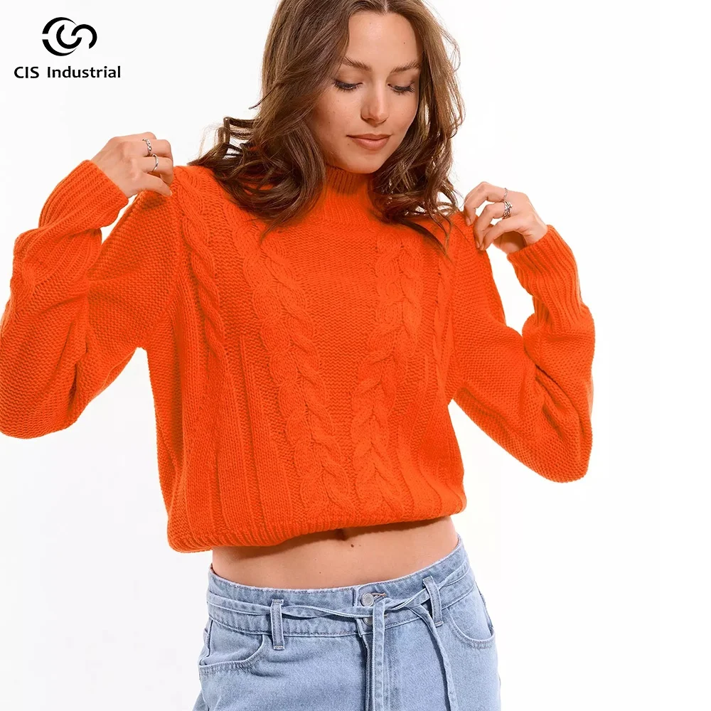 Luxury knitwear manufacturers high quality heavyweight sweaters cashmere women orange  twist texture pullover sweater custom