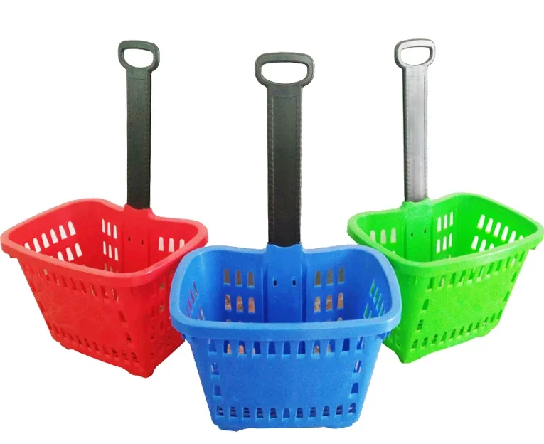 Retail Store 45L Plastic Shopping Cart Plastic Basket With Wheels