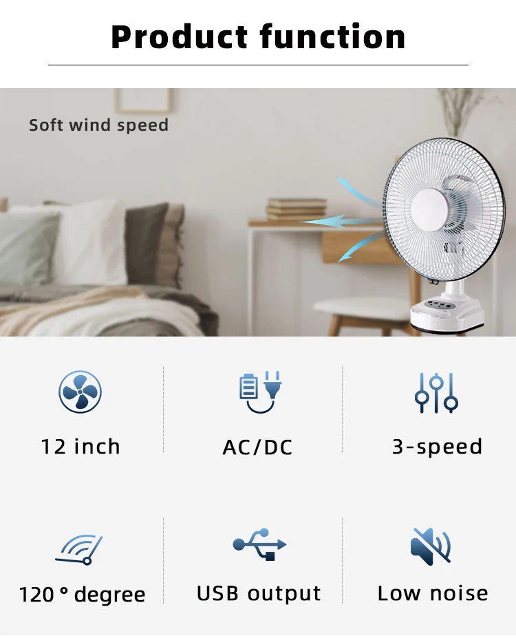 Hot Sell Modern Rechargeable 12 inch Table Fan&Desk Fan with LED night light for Office