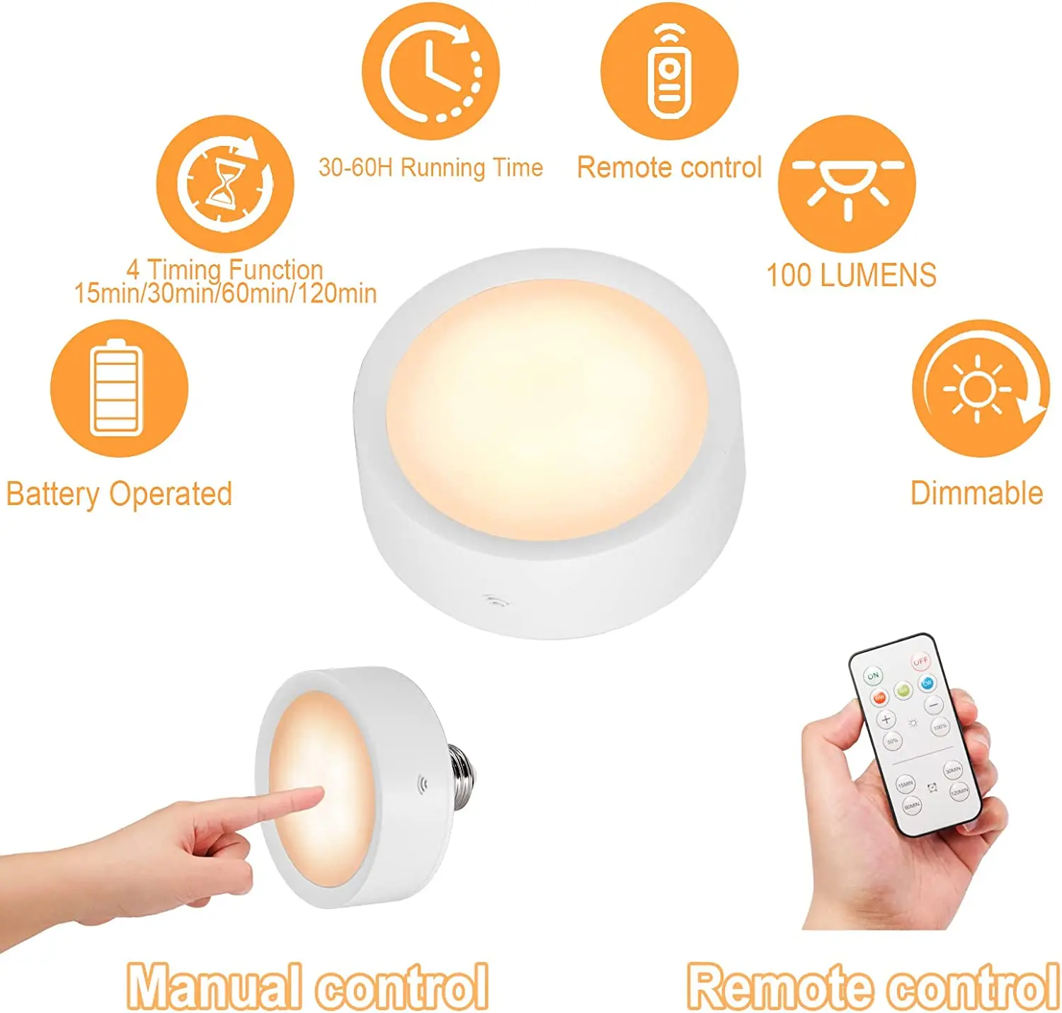 Battery Operated Light Bulbs for Lamps with Remote Timer Dimmable LED Puck Lights with E26 /E27 Screw