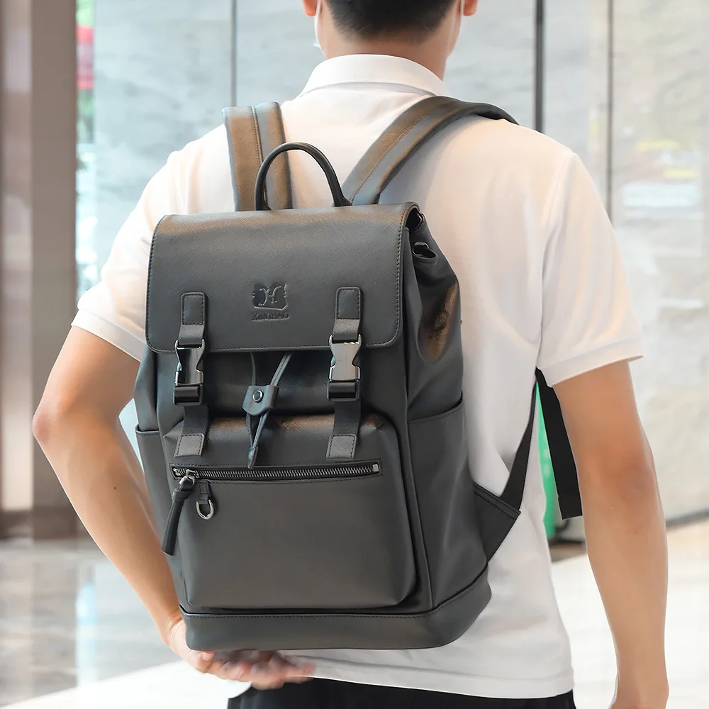 Custom luxury black vegan faux PU leather drawstring  backpack fashion rucksack designer laptop backpacks bag for men