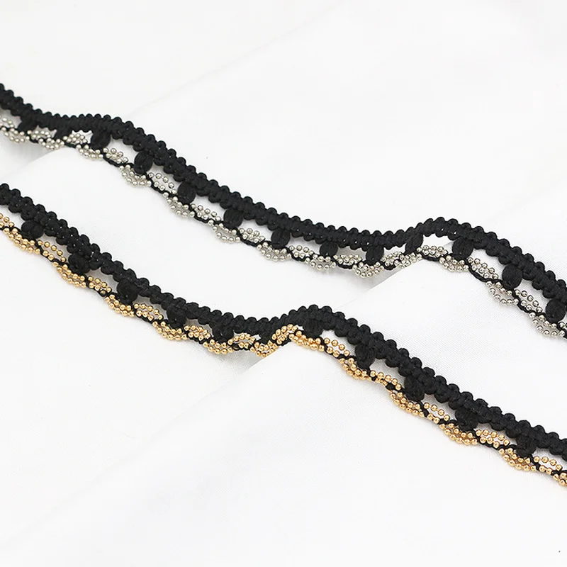 Latest 15 mm wide polyester curtain woven braid lace beads trimming black gold beaded edge lace trim