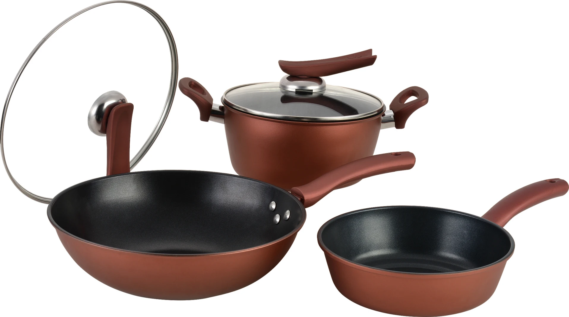 
9pcs Glass lid with silicon ring stone effect non-stick aluminum pan cookware set 