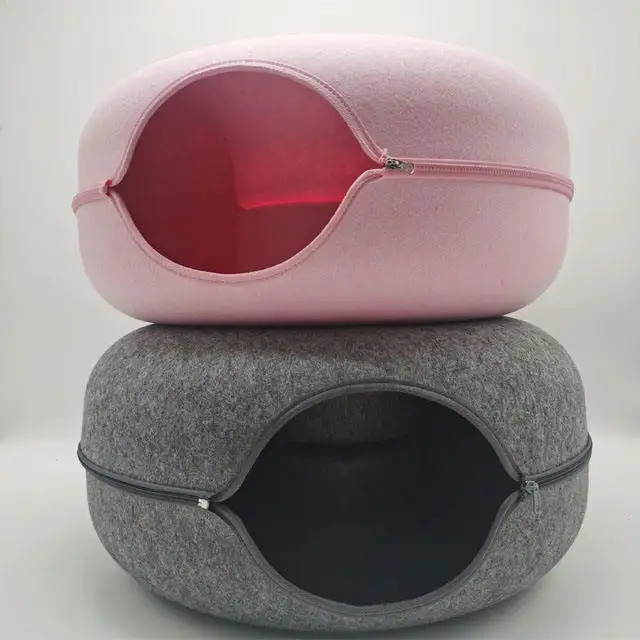 Hot selling wholesale manufacturer zipper playable and livable feline nest round wool felt pet beds pet cat tunnel cave
