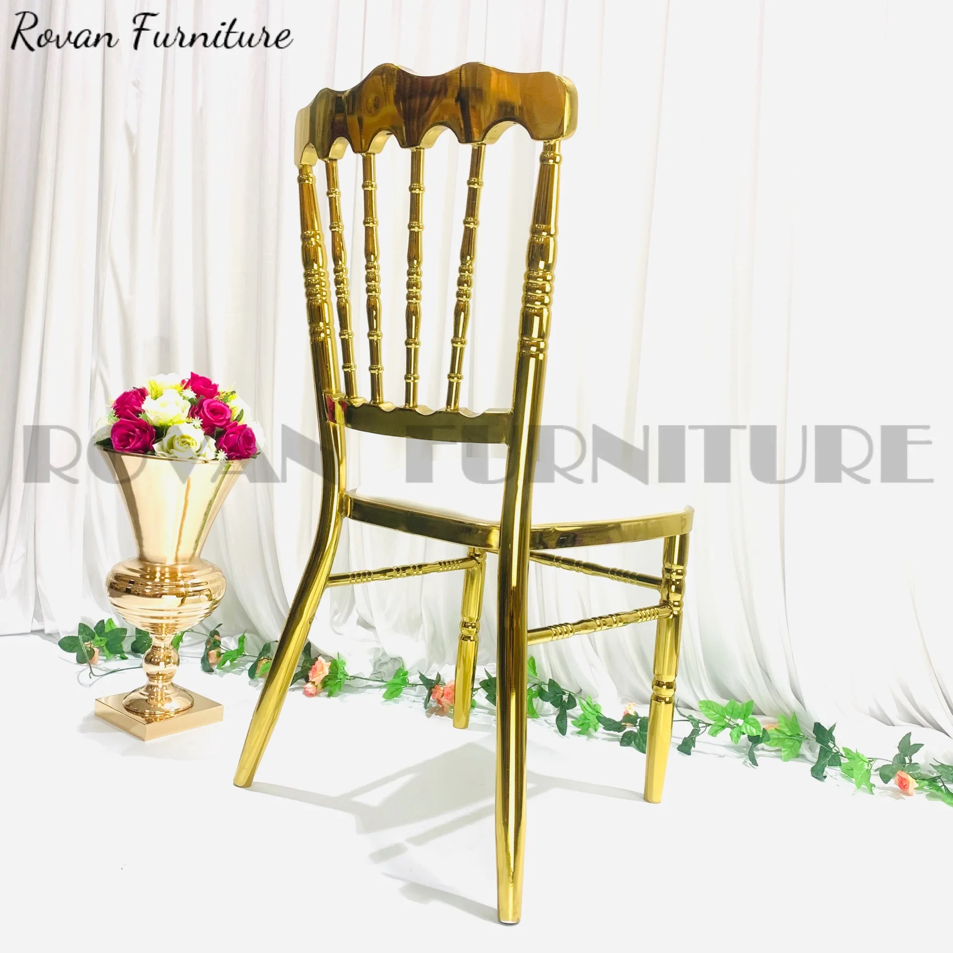 Mid Century Modern stainless steel upholstery Dining white leather napoleon chiavari chair gold stackable wedding event Chair