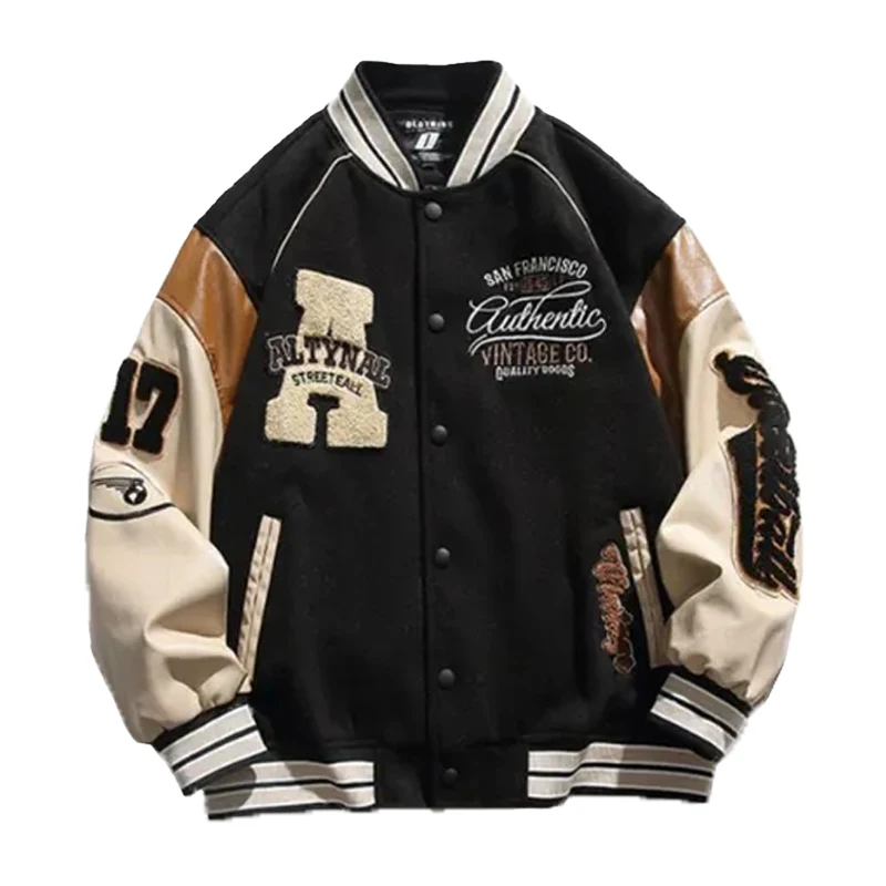 Version of Trendy Street Men Varsity Jacket Loose Flocked Embroidered Jacket Baseball Jacket