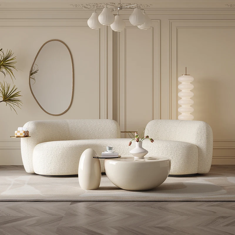 Light French curved sofa Italian minimalist small unit three person sofa Light Luxury Lamb Fleece Milk Oil Wind Pea Sofa
