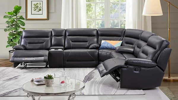 Full leather half leather u shape sofa 7 seater sectional couches manual recliner furnitures luxury